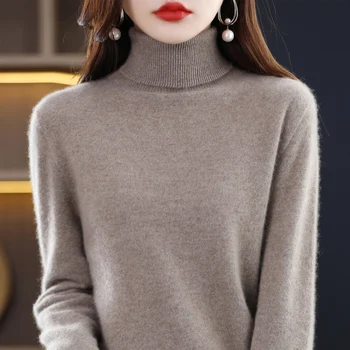Жена пуловер от 100% чиста вълна, пуловер с висока воротом, запазва топлината, Ежедневни вязаная есенно-зимно дамско яке с дълъг ръкав