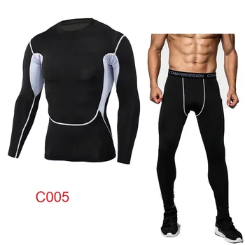 Мъжки компресиране риза и панталони, комплект за бодибилдинг, стегнати ризи с дълги ръкави, Гамаши, спортен костюм за тренировки, Спортни дрехи за фитнес, Размер 3XL