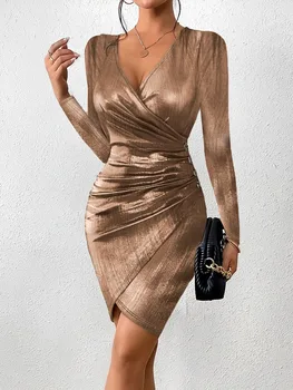 Секси рокля с дълбоко V-образно деколте с неправилна форма, Модерен обикновена рокля с дълъг ръкав За жени 2024, Елегантна дебнещ рокля с цепка, Златна премяна