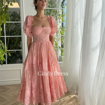 Синди е Розово дантелено рокля с пищни ръкави трапецовидна форма, рокли за абитуриентски бал, празнична рокля, жена-годеница, с елегантно парти, Луксозни вечерни сватби, луксозни