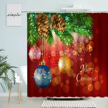 Весела Коледа Завеса за душ Коледно Дърво, Коледна Топка Червен фон за парти Декор на стените баня с куки Водоустойчив екран