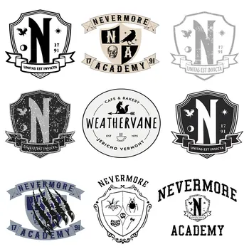 Ютия Never More Academy с теплопередачей, надпис с логото на Wednesday, етикети за гладене, ленти за дрехи, апликация, тениски, стикери със собствените си ръце