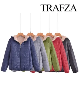 TRAFZA 2023 Есенно-зимни дамски градинска яке в стил ретро, палто от вълна агнешко месо, памучно палто с качулка с дълъг ръкав, Дамски парк Y2K