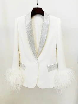 Дизайнерски сако с ВИСОКА улична мода 2024 г., женски сако с яка-шал от настоящето страусиного пера, украсени с диаманти