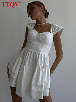 TTQV Елегантна бяла дамска рокля с V-образно деколте 2023, модни дамски рокли са с отворен гръб и висока талия, ежедневното каскадни мини-рокля с рюшами