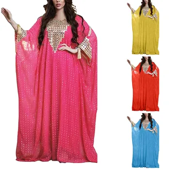 Лятна рокля с дълъг ръкав от памук и шифон с позлатени релефни Maxi Mery Women Femme Robe Arab Dubai широки дрехи Оверсайз