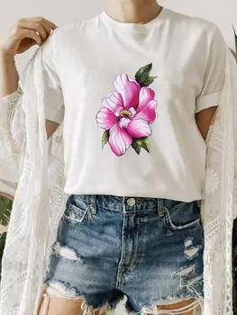 Дамски летни дрехи, модни тениска с кръгло деколте и цветисти принтом, сладка тениска с къс ръкав и шарките, тениска-топ