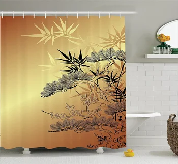 Японска завеса за душ с клонки в азиатски стил и бамбукови мотиви с великолепни ароматни листа, иллюстрирующими природата, пердета за баня