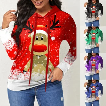 Модерен Нов Коледен пуловер с принтом Лосове 2023, есенно-зимния случайни пуловер с качулка, Плюс размера на Свободна дамски дрехи с дълъг ръкав.
